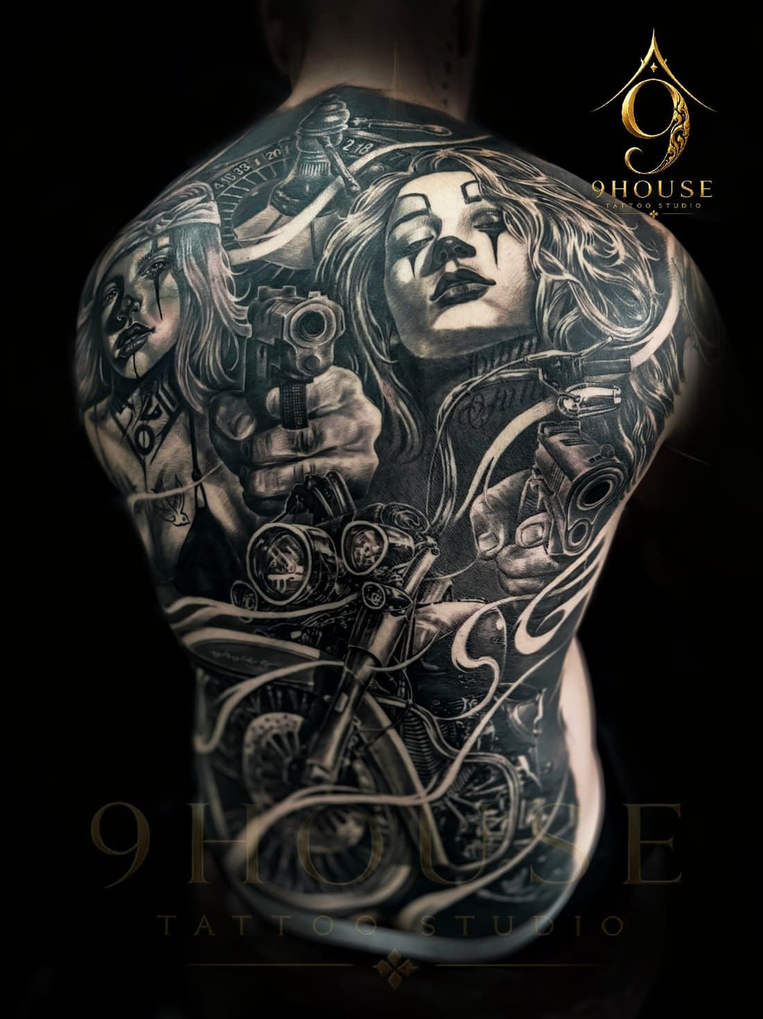 Back piece — black & grey realism, tattooed at 9 House