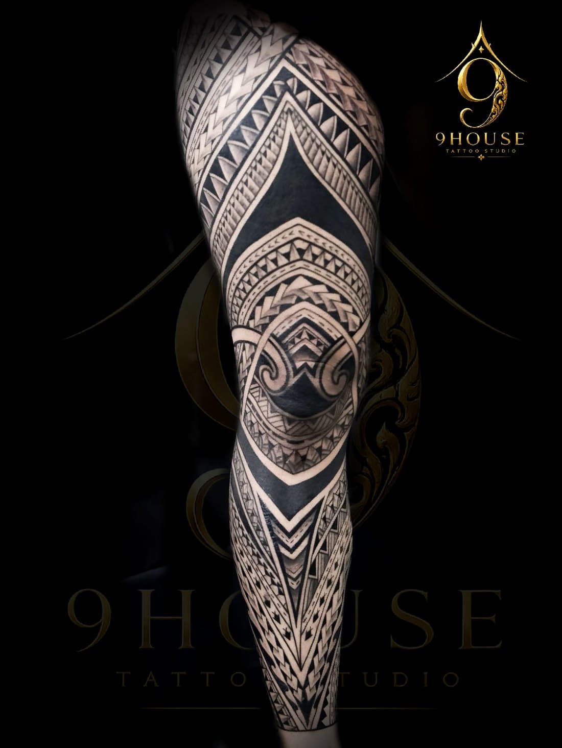 Leg sleeve — polynesian blackwork, tattooed at 9 House