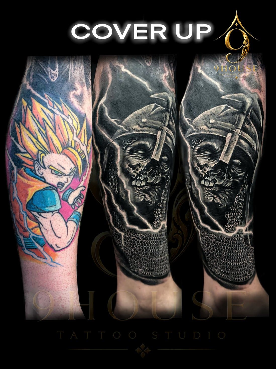 A cover-up tattooed at 9 House — a colour cartoon piece on the forearm, and the finished black and grey armoured skull covering it